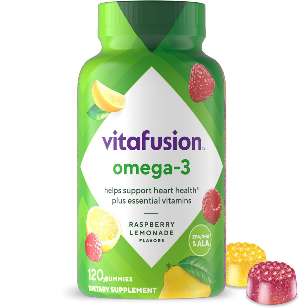 اوميجا 3 مع فيتامينات أ,سي,د,اي 120 حبة سوس Vitafusion Omega-3 Gummy and Vitamins A, C, D and E, Berry Lemonade Flavored (Best Before 01-11-2026)
