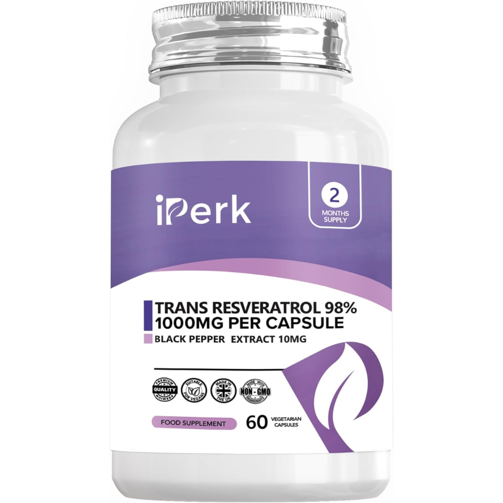 خلاصة ريسفيراترول 98% ترانس بالقوة المضاعفة 1000 ملجم مع تعزيز الامتصاص 60 كبسولة Iperk Trans Resveratrol with Black Pepper Extract High Strength (Best Before 01-10-2027)
