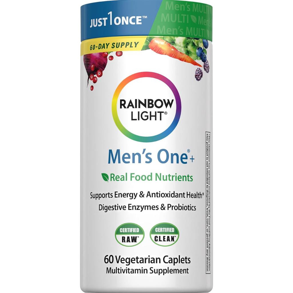 فيتامينات ومعادن متعددة للرجال +سوبر فودز + بروبيوتيك + انزيمات هاضمة 60 قرص Rainbow Light Mens Multivitamin One+ with Real Food Nutrients, Digestive Enzymes & Probiotics (Best Before 01-10-2026)
