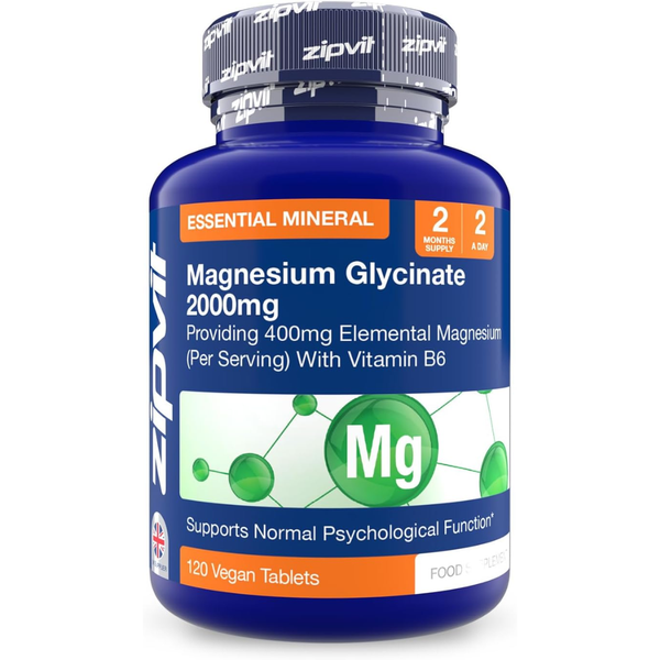مغنيسيوم جلايسينيت كليتد جرعة مضاعفة قصوى 200 ملجم مع فيتامين ب6 120 قرص Zipvit Magnesium Glycinate Chelated (Best Before 01-03-2028)