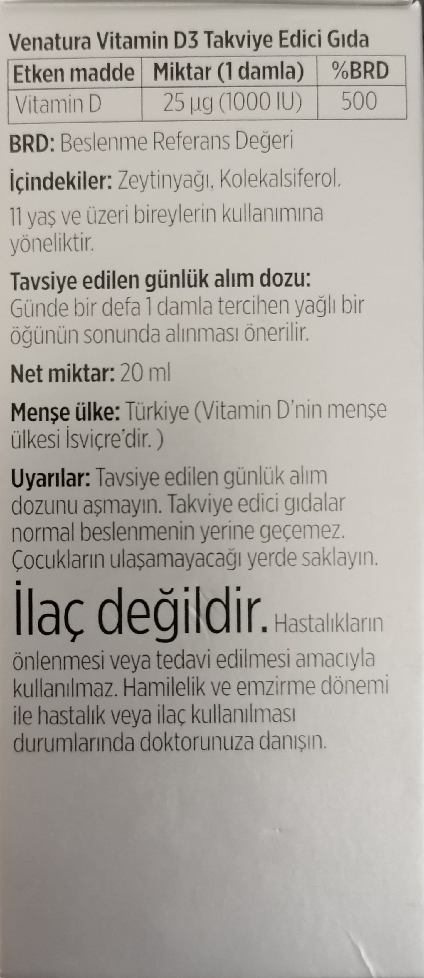 فيتامين د3 1000 وحدة لكل نقطة سائل بزيت الزيتون 20 مل يحتوي 460 قطرة (منتج تركي) VeNatura Vitamin D3 Liquid Drops (Best Before 01-01-2029)