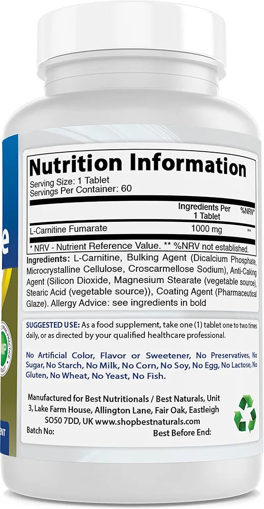 ل كارنتين 1000 ملجم 60 قرص Best Naturals L-Carnitine (Best Before 01-11-2028)