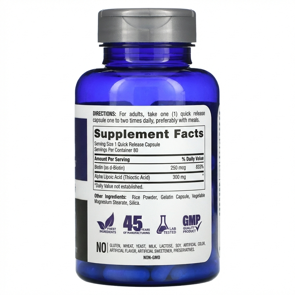 حمض ألفا ليبويك 300 ملجم مع البيوتين 250 مكجم 80 كبسولة PipingRock Alpha Lipoic Acid + Biotin Non-GMO (Best Before 01-02-2028)