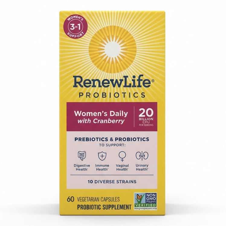 بروبيوتك (بكتيريا نافعة) 10 مليار وحدة 10 سلالات + بريبيوتك (غذاء البكتيريا النافعة) + خلاصة توت بري تعادل 12000 ملغم 60 كبسولة Renew Life Women’s Probiotic plus Cranberry (Best Before 01-10-2026)