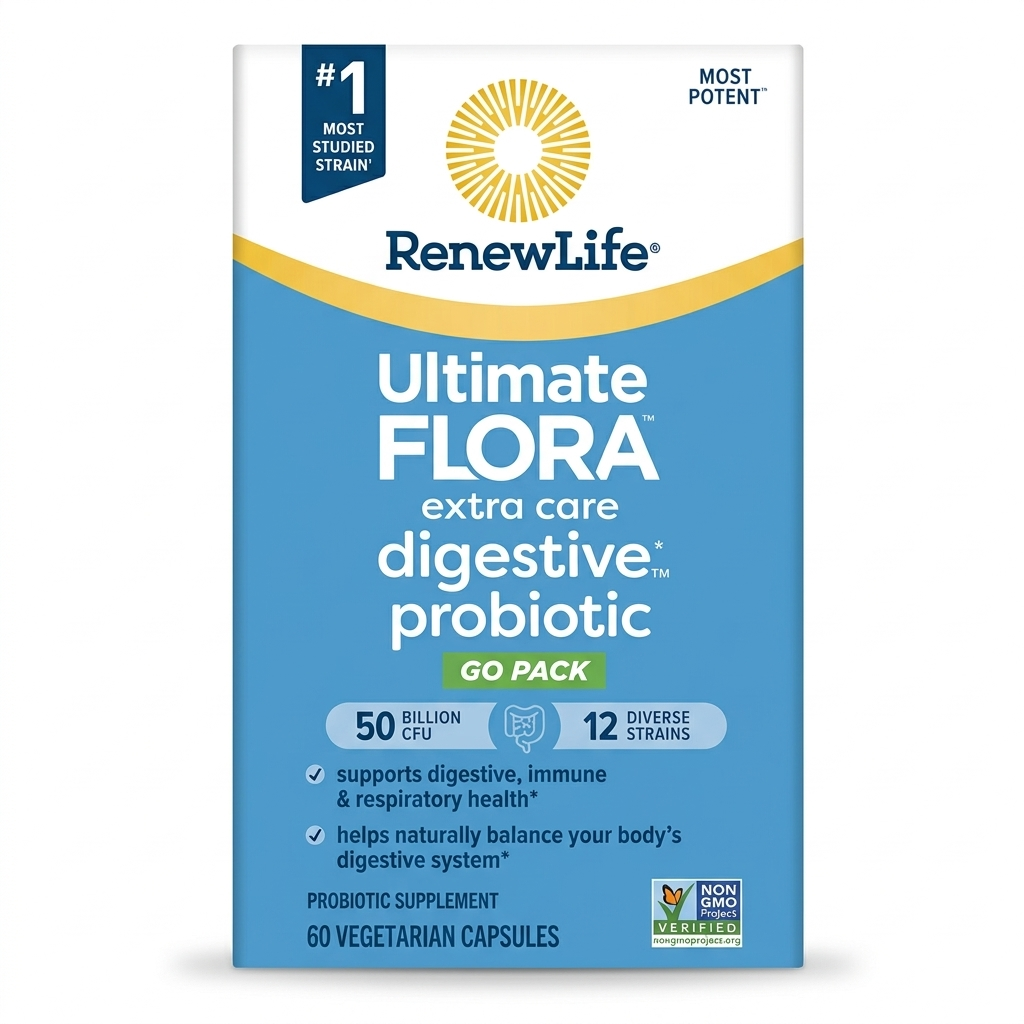 بروبيوتيك العناية الفائقة (بكتيريا نافعة) 50 مليار وحدة 12 سلالة 60 كبسولة RenewLife Ultimate Flora Extra Care Digestive Probiotic go pack (Best Before 01-03-2027)