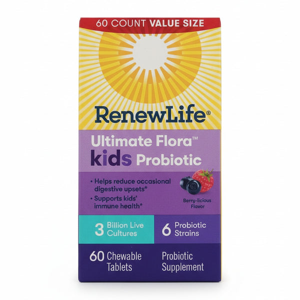 بروبيوتيك للأطفال، بنكهة التوت اللذيذة، 3 مليار، 60 قرص قابل للمضغ Renew Life, Ultimate Flora, Kids Probiotic, Berry-licious (Best Before 01-07-2026)