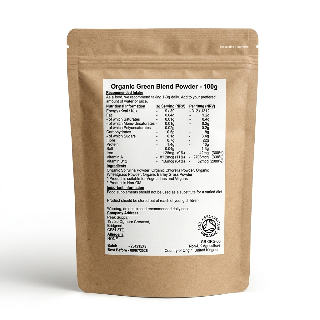 مسحوق مزيج أخضر (سبيرولينا عضوية، كلوريلا، عشبة القمح، عشبة الشعير) 100 جرام Peak supps Organic Green Blend Powder (Organic Spirulina, Chlorella, Wheatgrass & Barleygrass) (Best Before 01-07-2026)