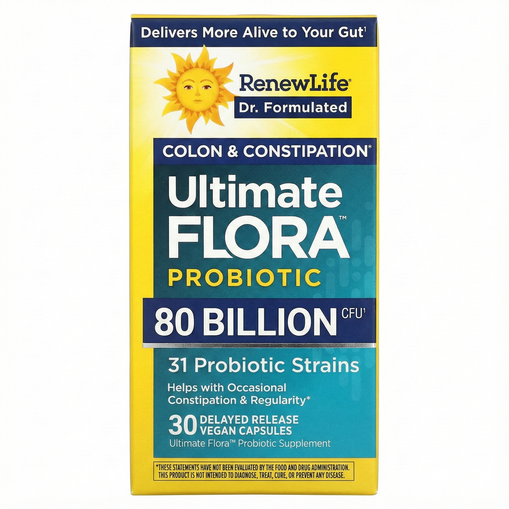 بروبيوتك (بكتيريا نافعة) 80 مليار وحدة 31 سلالة + إنزيمات هاضمة + بريبيوتك (غذاء البكتيريا النافعة) 30 كبسولة Renew Life, Ultimate Flora™ Colon & Constipation Probiotic + Enzyme Blend + Prebiotic (Best Before 01-05-2028)