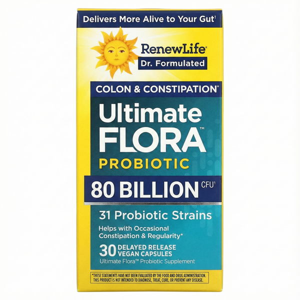 بروبيوتك (بكتيريا نافعة) 80 مليار وحدة 31 سلالة + إنزيمات هاضمة + بريبيوتك (غذاء البكتيريا النافعة) 30 كبسولة Renew Life, Ultimate Flora™ Colon & Constipation Probiotic + Enzyme Blend + Prebiotic (Best Before 01-05-2028)