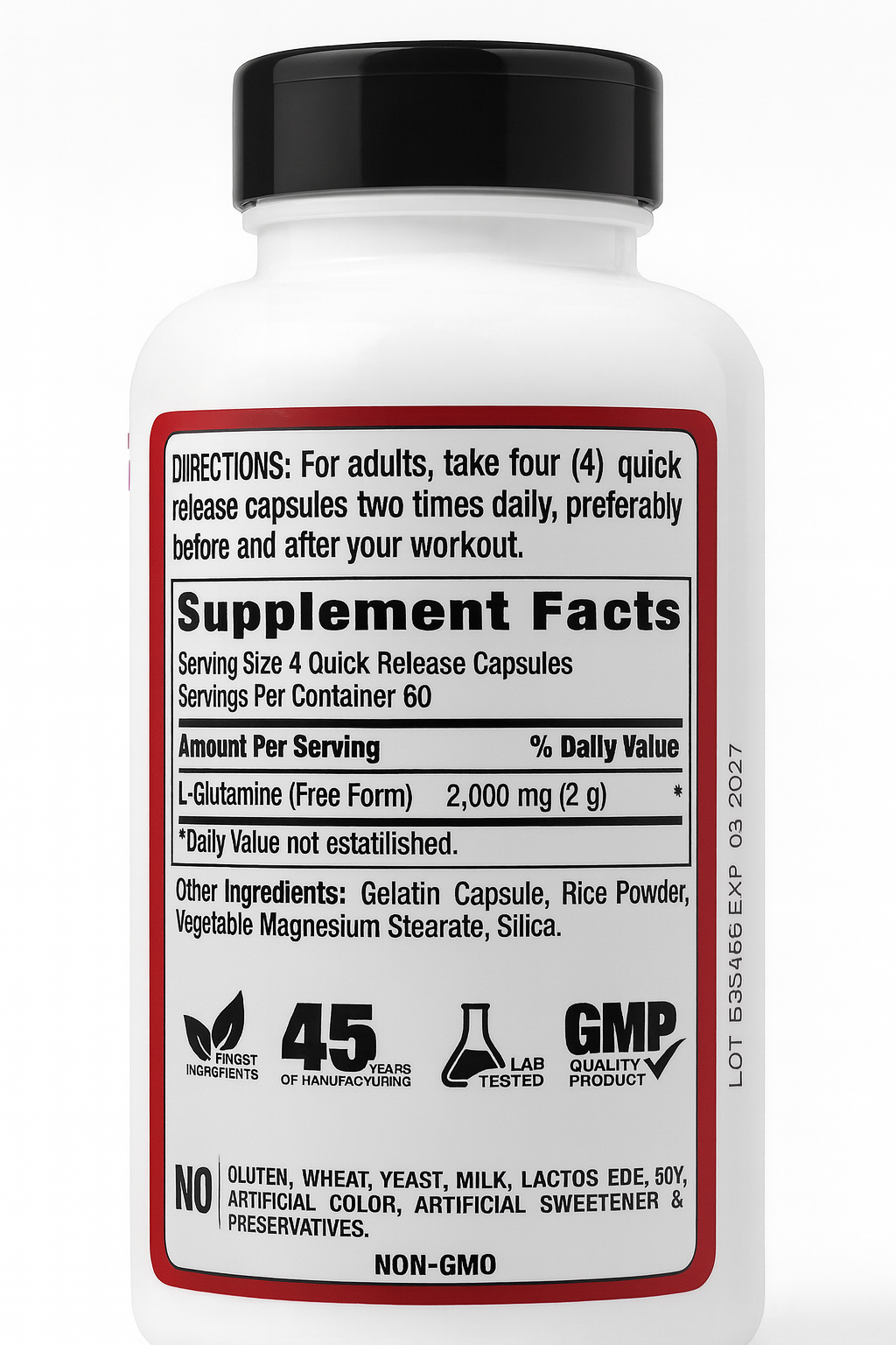 ل جلوتامين 500 ملجم 240 كبسولة PipingRock L-Glutamine Non-GMO (Best Before 01-08-2027)