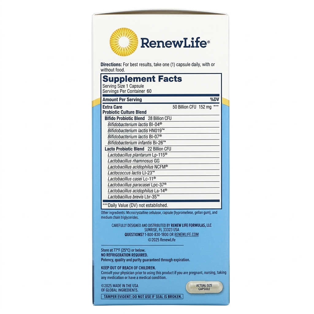 بروبيوتيك العناية الفائقة (بكتيريا نافعة) 50 مليار وحدة 12 سلالة 60 كبسولة RenewLife Ultimate Flora Extra Care Digestive Probiotic go pack (Best Before 01-03-2027)
