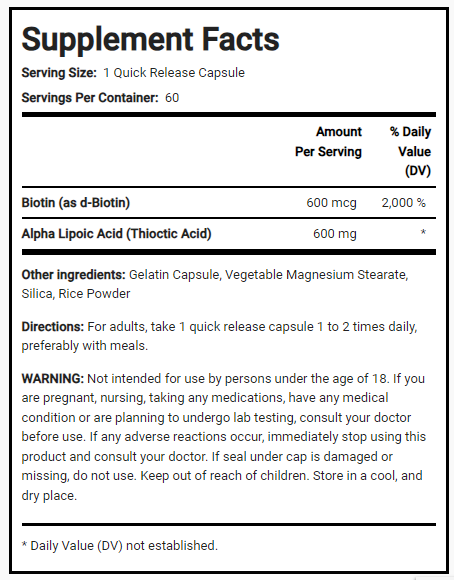 حمض ألفا ليبويك 600 ملجم مع البيوتين 600 مكجم 60 كبسولة PipingRock Alpha Lipoic Acid + Biotin Non-GMO (Best Before 01-11-2027)