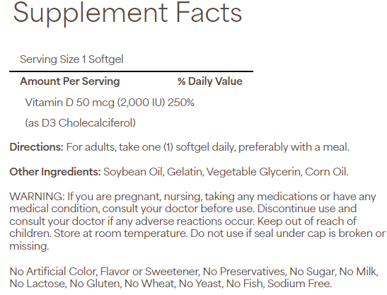 فيتامين د3 2000 وحدة 100 حبة Puritan's Pride Vitamin D3 (Best Before 01-01-2027)