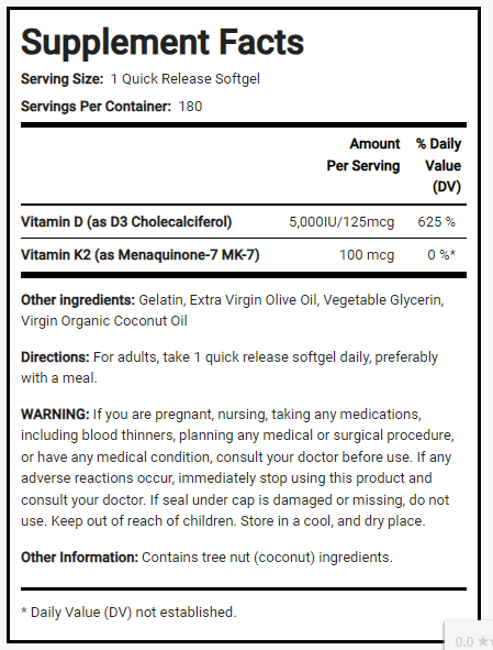 فيتامين د3 5000 وحدة + ك2 100 بزيت الزيتون البكر وزيت جوز الهند العضوي البكر 180 حبة PipingRock Vitamin K-2 (MK7) Complex with D3 Non-GMO (Best Before 01-11-2027)