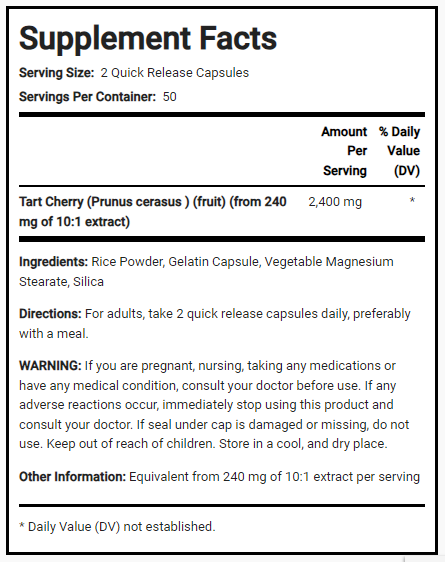 خلاصة كرز حامض يعادل 1,200 ملغم 100 كبسولة PipingRock Ultra Tart Cherry (Non-GMO) (Best Before 01-02-2027)