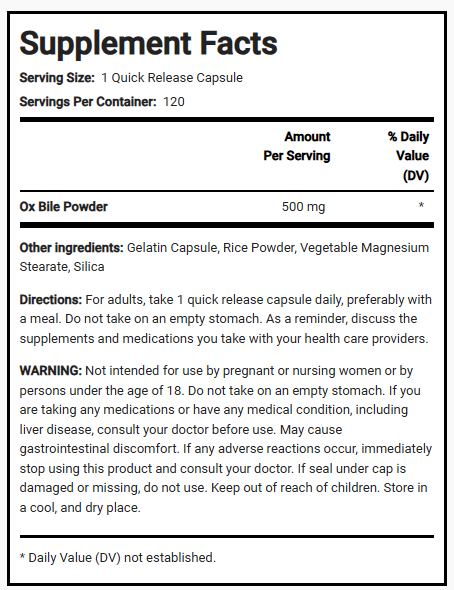 املاح المرارة بالقوة المضاعفة 500 ملغم 120 كبسولة PipingRock Ox Bile - Acid Bile Salts Non-GMO (Best Before 01-02-2027)