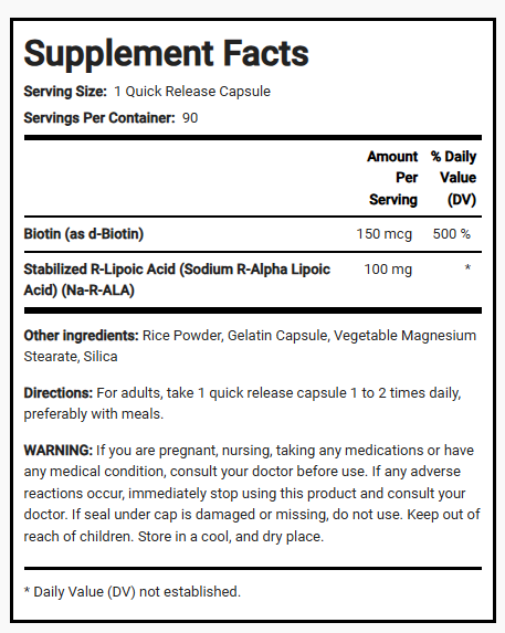 آر-ألفا ليبويك أسيد 100 ملجم مع بيوتين 150 مكجم 90 كبسولة PipingRock R-Alpha Lipoic Acid (Stabilized) Na-RALA Non-GMO (Best Before 01-04-2027)
