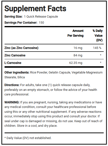 زنك كارنوزين تركيز مضاعف 84 ملجم 150 كبسولة PipingRock Zinc L-Carnosine Non-GMO (Best Before 01-05-2028)