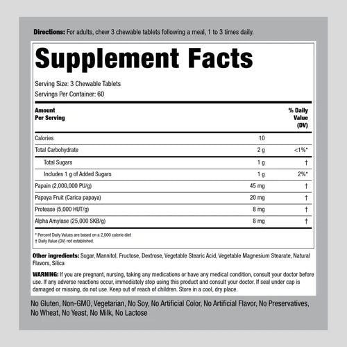 انزيم البابايا الافضل الأميليز والليباز والبروميلين 180 قرص مضغ Pipingrock Ultra Papaya Enzyme Supreme Non-GMO (Best Before 01-08-2027)