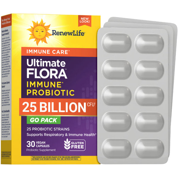 بروبيوتك (بكتيريا نافعة) 25 مليار وحدة 25 سلالة + بريبيوتك (غذاء البكتيريا النافعة) + فيتامين سي + زنك 30 كبسولة RenewLife Immune Probiotic Go Pack + Prebiotic + Zinc (Best Before 01-11-2026)