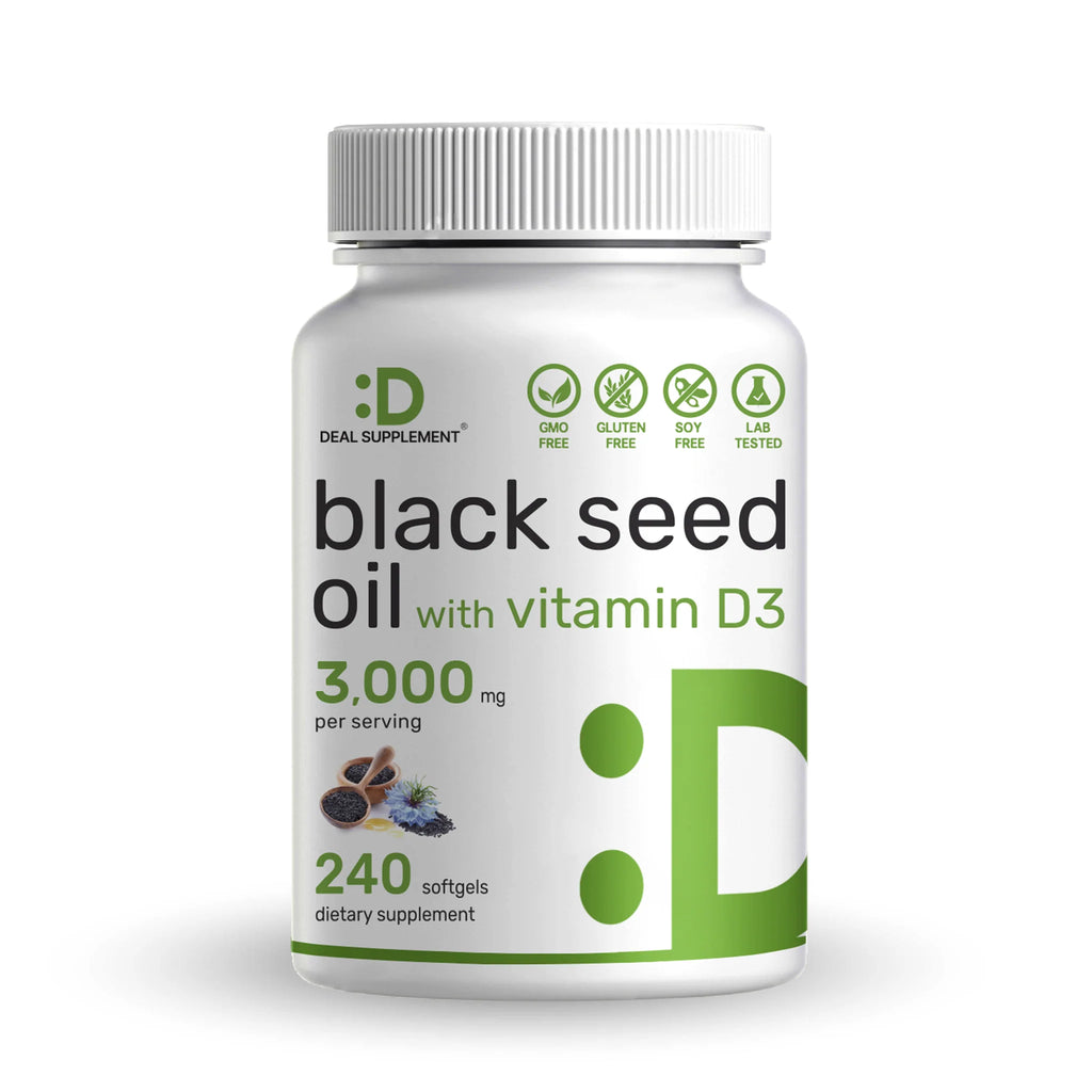 زيت الحبة السوداء (حبة البركة) معصور على البارد، بالقوة المضاعفة، 1000 ملجم مع فيتامين د3 240 حبة Deal supplement Black Seed Oil with Vitamin D3 Cold-Pressed Nigella Sativa (Best Before 01-05-2025)