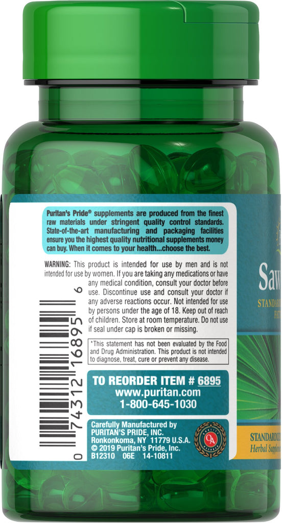 مستخلص بلميط منشاري سو بالميتو 160 ملغم 85-95% أحماض دهنية 60 حبة Puritan's Pride Saw Palmetto Standardized Extract (Best Before 01-01-2026)