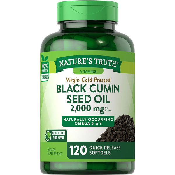زيت الحبة السوداء (حبة البركة)،بكر معصور على البارد، بالقوة المضاعفة، 1000 ملجم 120 حبة Nature's Truth Black Cumin Seed Oil (Non-GMO) Virgen Cold Pressed