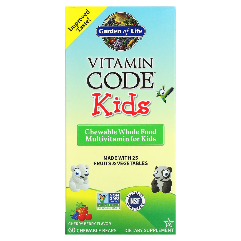 فيتامينات متعددة من الخضراوات والفواكه والأعشاب قابلة للمضغ للأطفال، نكهة التوت والكرز، 60 قطعة قابلة للمضغ Garden of Life Vitamin Code kids