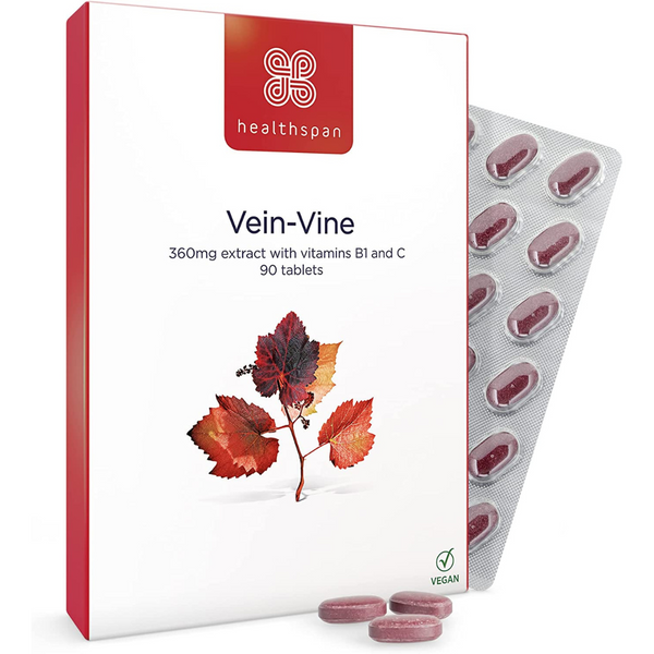 مستخلص أوراق العنب الحمراء 360 ملجم تعادل 5400 ملغم + فيتامين ب1 + فيتامين سي 90 قرص Healthspan Vein Vine (red vine leaf extract) Added Vitamins B1 & C (Best Before 01-02-2026)