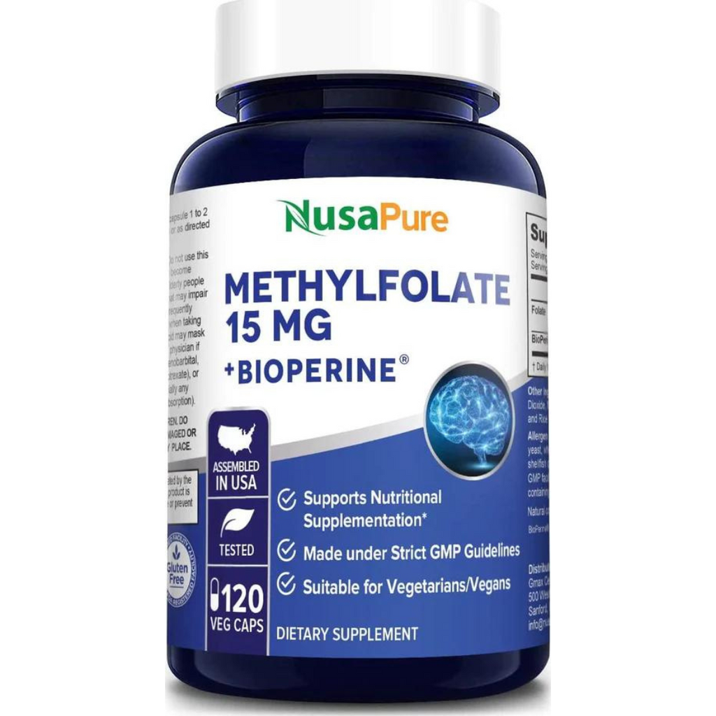 حمض الفوليك ميثيل (ب9) 15000 ميكرو مع بيوبيرين أقصى قوة 120 كبسولة NusaPure L Methyl Folate (Vitamin B9 / folic acid ) with Bioperine Max Potency Non-GMO, Gluten Free