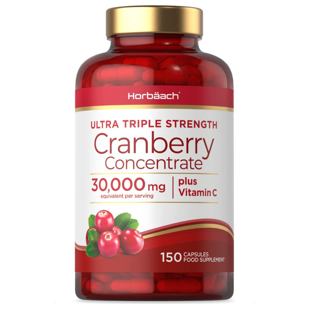 خلاصة توت بري بقوة ثلاثية مضاعفة تعادل 15,000 ملجم مع فيتامين سي 150 كبسولة Horbäach Cranberry High Strength Ultra Triple Strength Cranberry Extract Complex with Vitamin C (Best Before 01-05-2024)