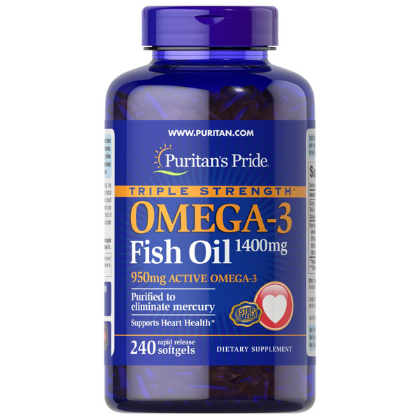 زيت السمك اوميجا 3 الأفضل درجة دوائية بالقوة الفائفة 1400 ملجم منها 950 ملغم أحماض دهنية 240 حبة Puritan's Pride Triple Strength Omega-3 Fish Oil EPA 504 & DHA 378