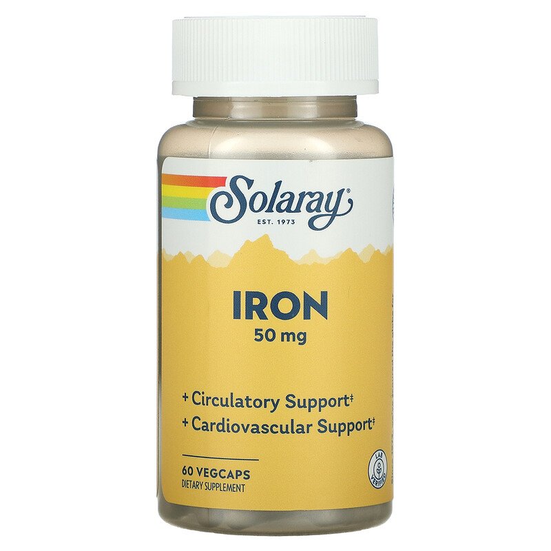 حديد كليتد 50 ملغم 60 كبسولة Solaray, Chelated Iron (Best Before 01-07-2025)