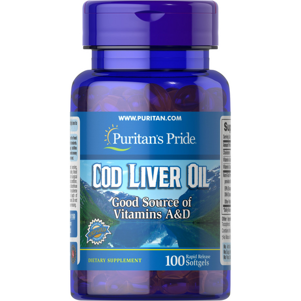 زيت كبد الحوت 415 ملغم 100 كبسولة Puritan's Pride Cod Liver Oil EPA 37 mg DHA 36 mg (Best Before 01-10-2024)