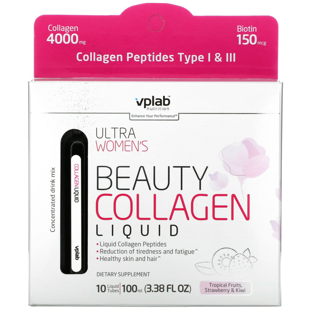 امبولات الكولاجين السائل الفائق التجميلي للنساء، بنكهة الفواكه، 4,000 ملجم، 10 أنبولات Vplab, Ultra Women's Beauty Collagen Liquid, Tropical Fruits (Best Before 27-08-2026)