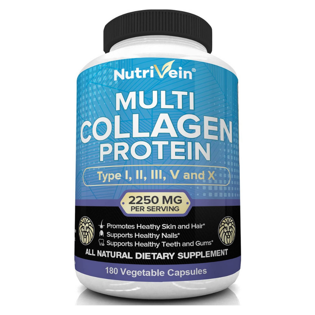 كولاجين كومبلكس بيبتايد الأفضل 750 ملجم 180 كبسولة خمسة أنواع Nutrivein Multi Collagen Pills - Type I, II, III, V, X