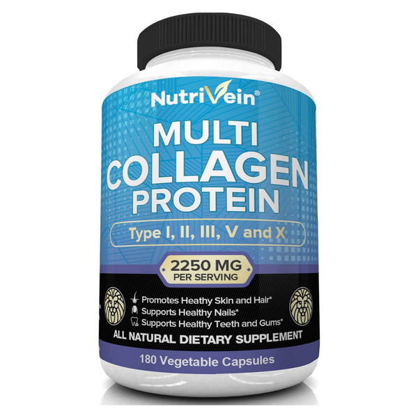 كولاجين كومبلكس بيبتايد الأفضل 750 ملجم 180 كبسولة خمسة أنواع Nutrivein Multi Collagen Pills - Type I, II, III, V, X