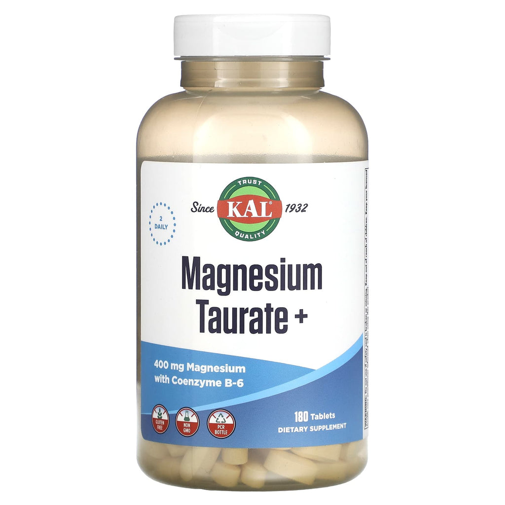 مغنيسيوم توريت 200 ملجم + فيتامين ب6 مع تعزيز الامتصاص 180 قرصًا KAL Magnesium Taurate+ b6 + black pepper (Best Before 01-09-2028)