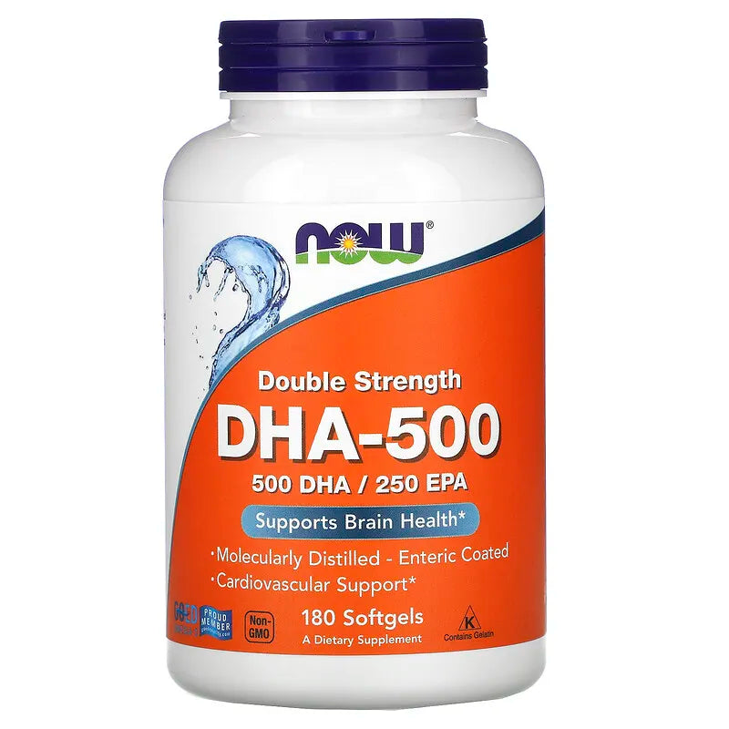 اوميجا 3 للدماغ 500 بالقوة المضاعفة درجة دوائية 1000 ملغم 180 حبة NOW Foods DHA 500 / EPA 250 (Best Before 01-11-2024)