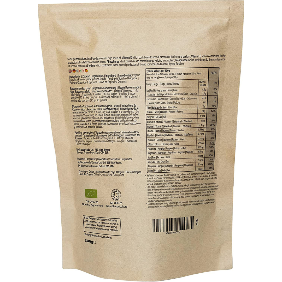 سبيرولينا عضوية معتمدة طبيعية بودرة 500 غرام MySuperfoods Organic Spirulina Powder Raw, Non-GMO (Best Before 31-08-2027)