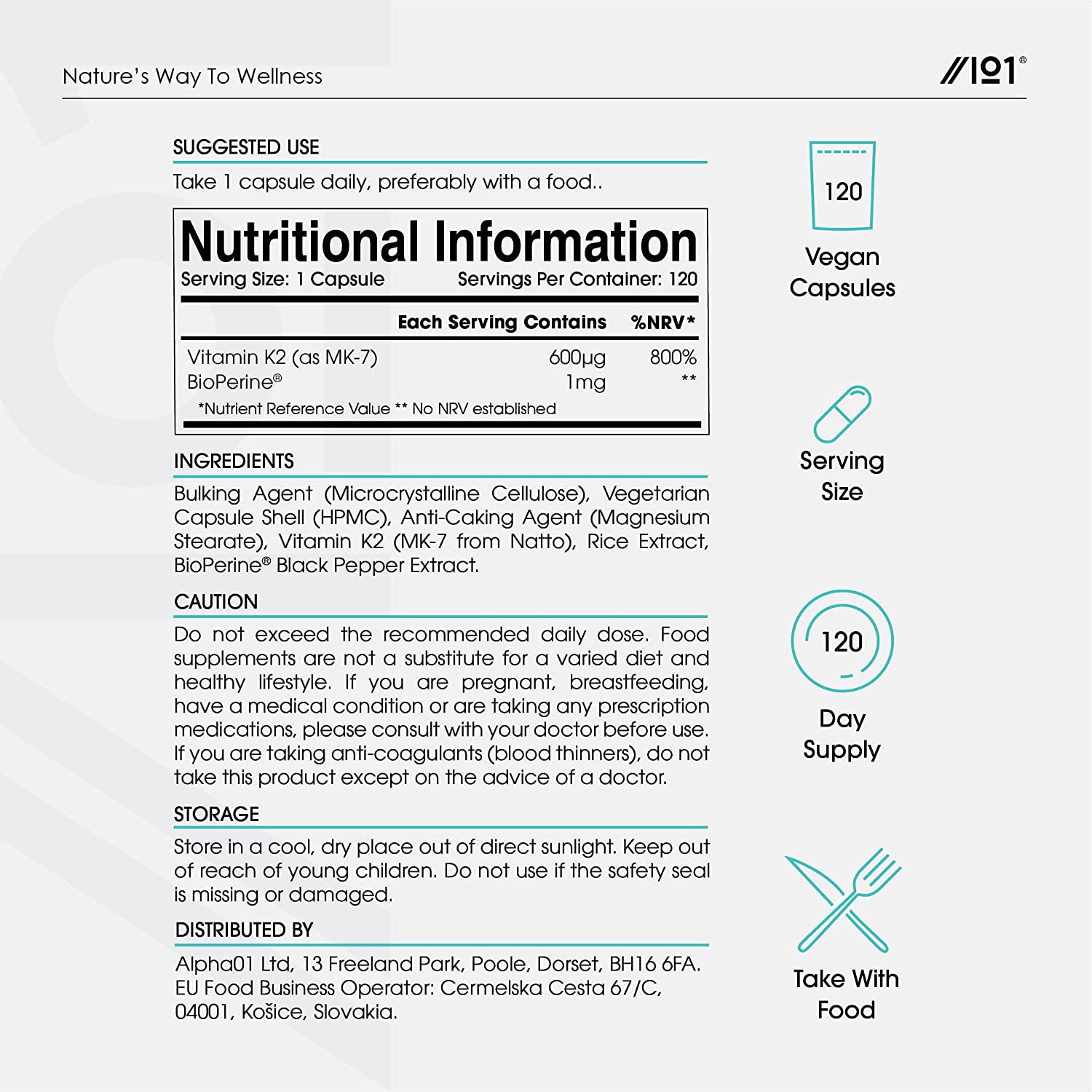 فيتامين ك2 بالقوة القصوى 600 مكجم مع تعزيز الامتصاص 120 كبسولة ALPHA01 Vitamin K2 MK7 with BioPerine (Non-GMO) (Best Before 01-04-2028)