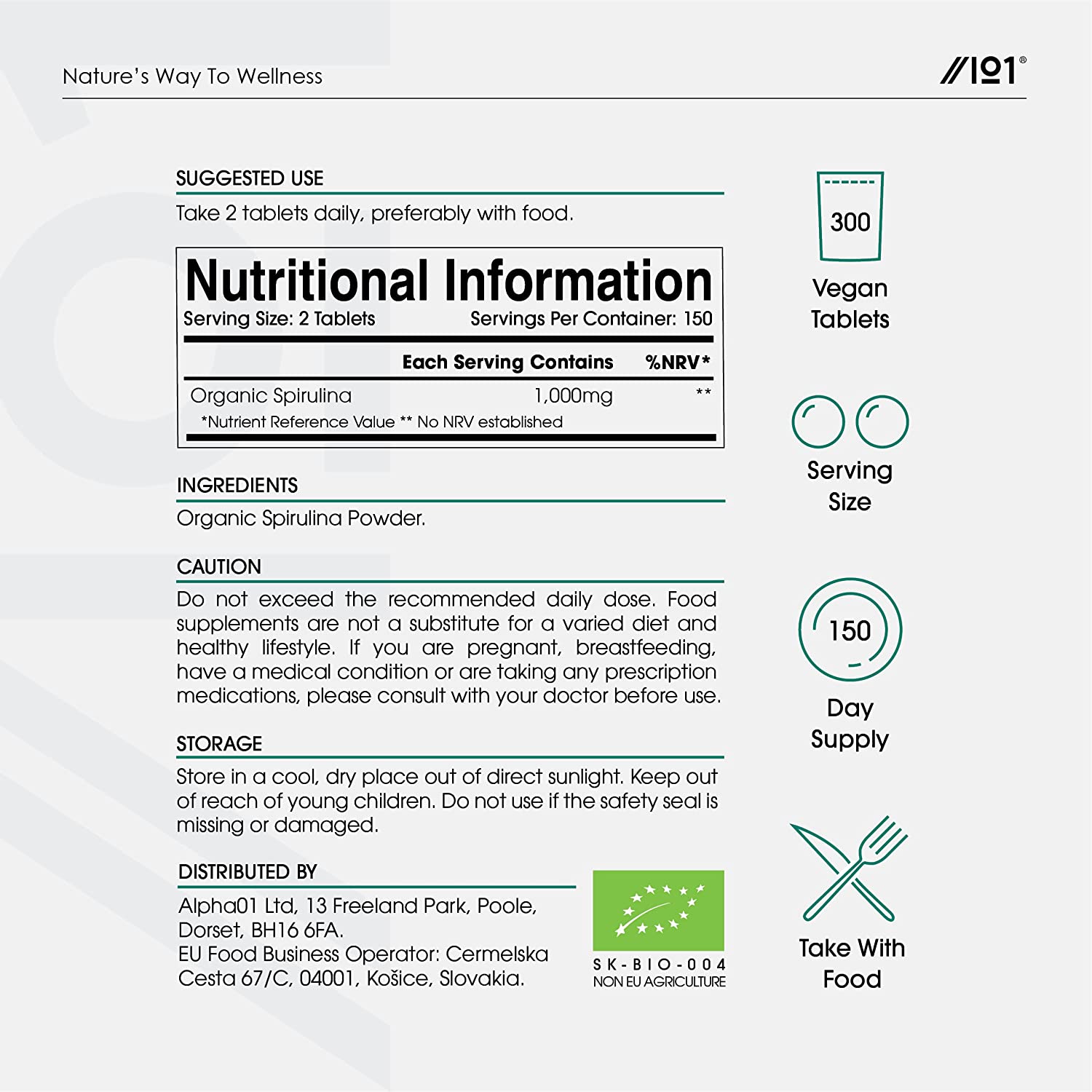 سبيرولينا عضوية معتمدة 500 ملجم 300 قرص ALPHA01 Organic Spirulina (Best Before 21-07-2027)