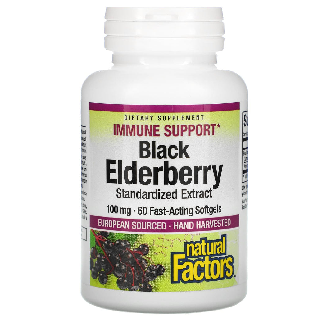 خلاصة توت الخمان الأسود 100 ملجم يعادل 6400 ملغم 60 كبسولة Natural Factors Black Elderberry (Best Before 01-09-2024)