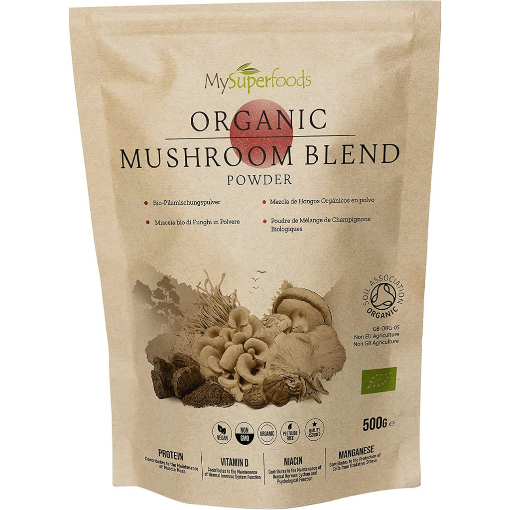 فطر عضوي باودر ريشي (الجانوديرما) + تشاجا + شيتاكي + مايتاكي + عرف الأسد + وكورديسيبس + الفطريات البيضاء.  500 غرام MySuperfoods Organic Mushroom Blend Powder