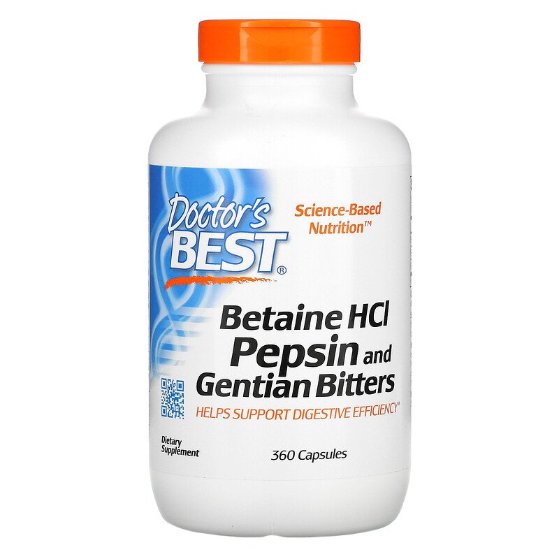 دعم حمض المعدة 360 كبسولة Doctor's Best Betaine HCL Pepsin & Gentian Bitters